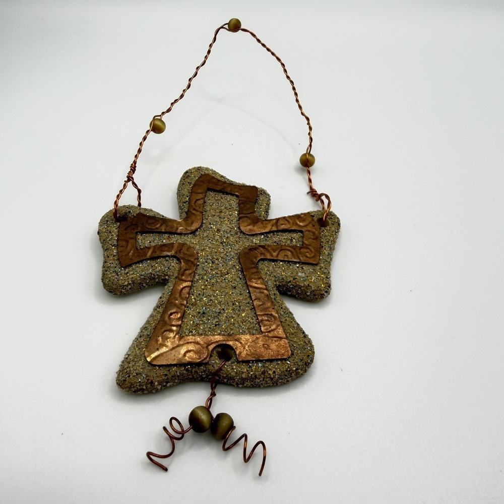 Cross Ceramic Ornament Glitter‎ Copper Overlay Signed Carol Jones 2003